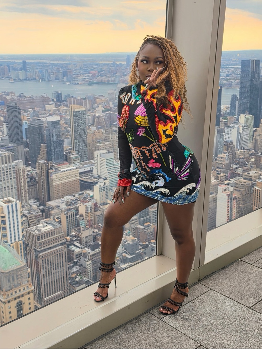Black Multi-Color Sequin Long Sleeve Mini Dress